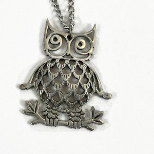 Vintage Signed Reed & Barton Pewter Owl Necklace Pendant Chain Silver Tone 12"